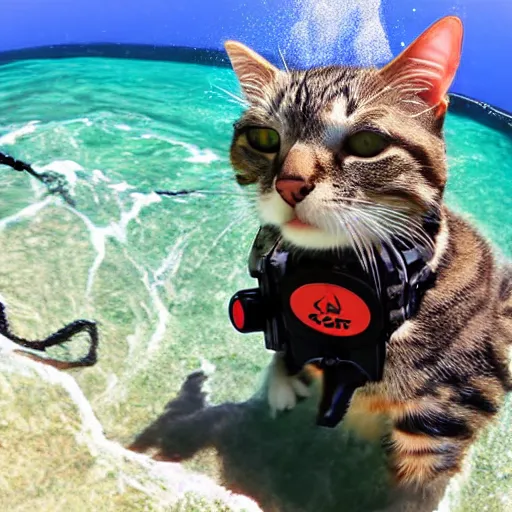 Image similar to cat wearing diving gear swimming in ocean, gopro footage 4k