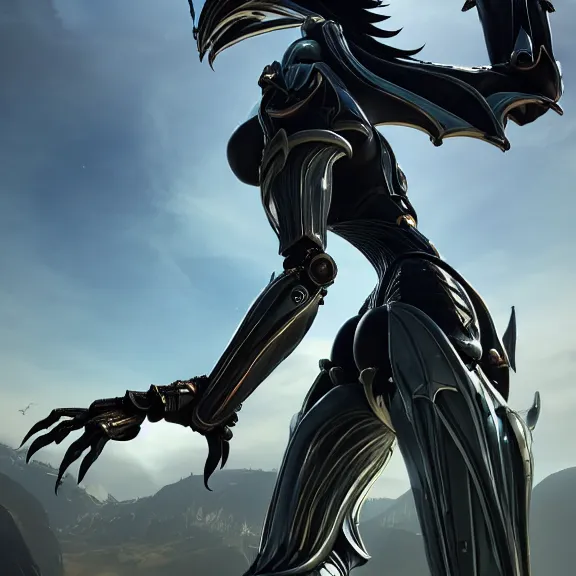 Image similar to highly detailed giantess shot, looking up at a giant 500 foot tall beautiful stunning saryn prime female warframe, as a stunning anthropomorphic robot female dragon, looming over you, detailed robot legs towering over, camera looking up, posing elegantly, sharp claws, robot dragon feet, intimidating, proportionally accurate, anatomically correct, two arms, two legs, camera close to the legs and feet, giantess shot, warframe fanart, ground view shot, cinematic low shot, high quality, captura, realistic, professional digital art, high end digital art, furry art, macro art, giantess art, anthro art, DeviantArt, artstation, Furaffinity, 3D realism, 8k HD render, epic lighting, depth of field