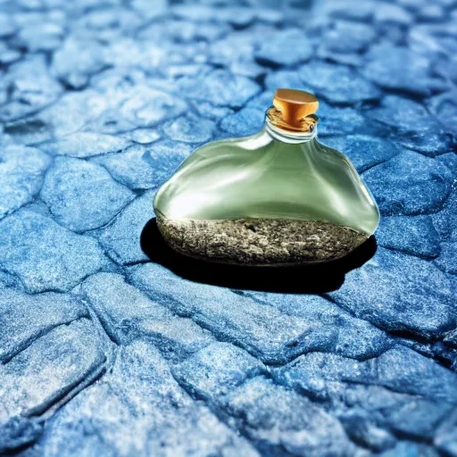 Prompt: perfume bottle sitting on a pile of rocks in the middle of a blue lake, close up shot, upfront, surrounded by tropical leaves, blurred tropical background, softly - lit, soft - warm, zen, light, modern minimalist f 2 0 clean