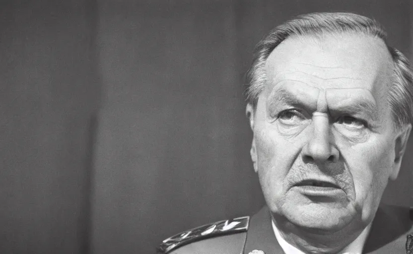 Image similar to 50s movie still close-up portrait of an elder soviet general in a empty stalinist hall, by David Bailey, Cinestill 800t 50mm chrome b&w, heavy grainy picture, very detailed, high quality, 4k, HD criterion, precise texture and facial expression