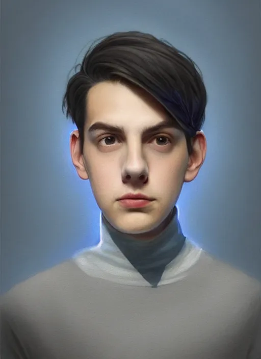 Image similar to portrait of teenage jughead jones wearing a light grey crown, crown, blue turtleneck, 1 9 5 0 s, closed eyes, photorealistic, black hair, glowing lighting, intricate, elegant, glowing lights, highly detailed, digital painting, artstation, concept art, smooth, sharp focus, illustration, art by wlop, mars ravelo and greg rutkowski