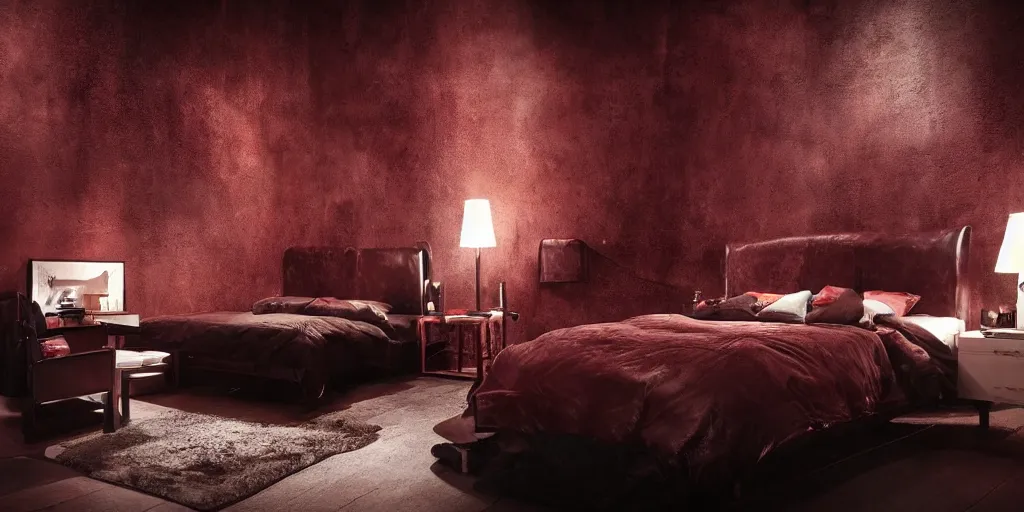 Prompt: night time, moody dark, dark red leather dungeon bedroom in the style of blade runner 2 0 4 9, canopy bed