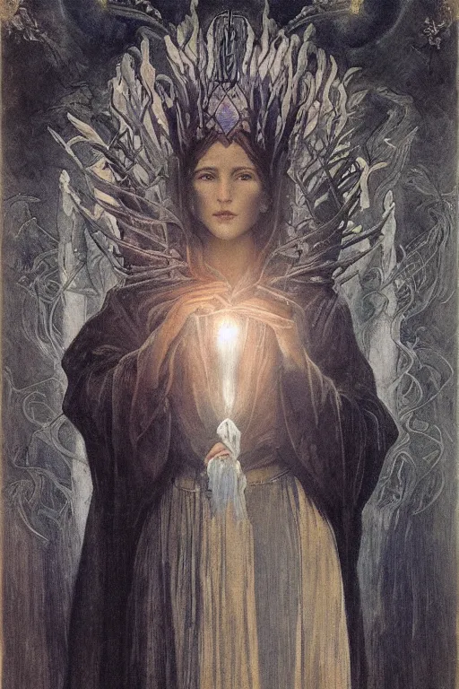 Prompt: queen of the fog with her lantern by Annie Swynnerton and Nicholas Roerich and jean delville, strong dramatic cinematic lighting , ornate headdress , flowing robes, lost civilizations, smooth, sharp focus, extremely detailed