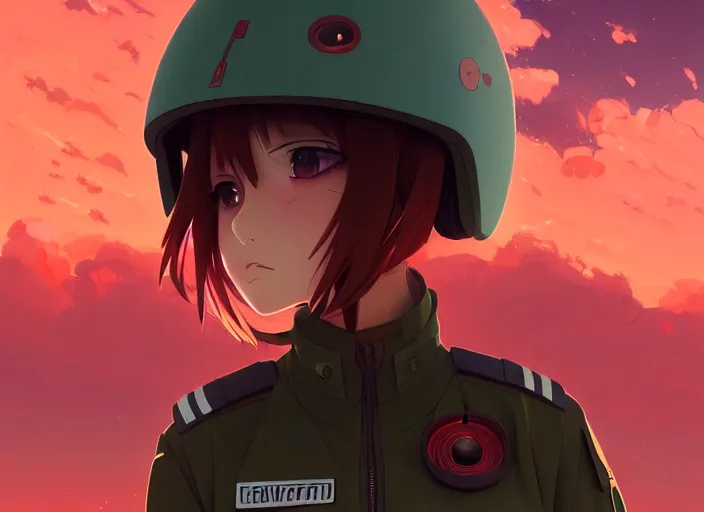 Prompt: portrait of pilot girl talking, red sky background, chaotic landscape, illustration concept art anime key visual trending pixiv fanbox by wlop and greg rutkowski and makoto shinkai and studio ghibli and kyoto animation, red body suit, military gear, red crow 1, grimdark