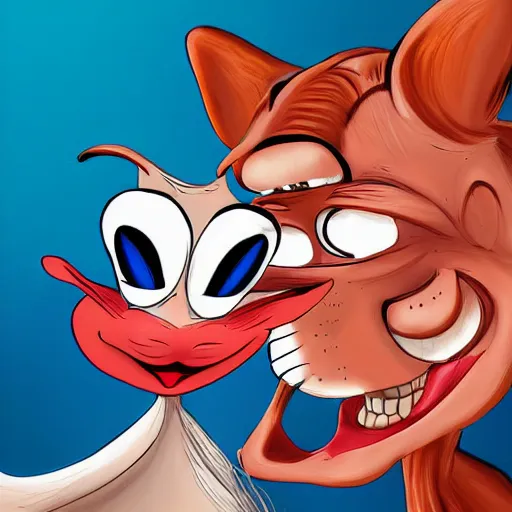 Image similar to ren and stimpy, digital art, beautiful portrait.