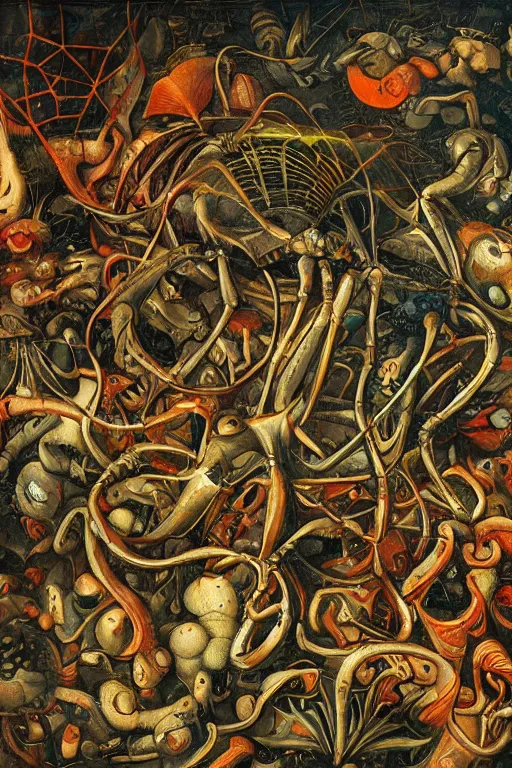 Image similar to hyperrealistic abstract close - up renaissance psychedelic!! cybernetic spiders in the style of engravings by pieter brueghel!!! the figures of women are crawling along the slug!!! octane render, hd