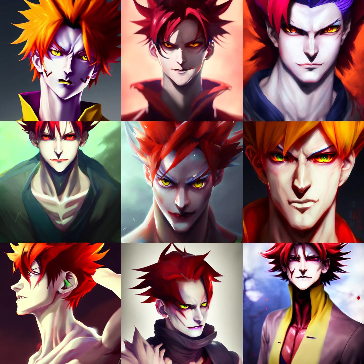Prompt: hisoka anime male 2 0 years old male evil sharp features very very narrow yellow eyes red red crimson soft hair thin lips arch eyebrows anime pixiv smooth skin overwatch moira hairstyle art by wlop ruan jia rutkowski
