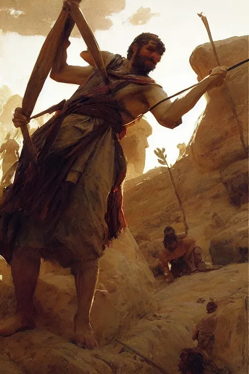 Prompt: ancient biblical israeli young man david slinging a stone at the philistine giant goliath of gath in battle by anders zorn, wonderful masterpiece by greg rutkowski, beautiful cinematic light, by greg manchess, jessica rossier