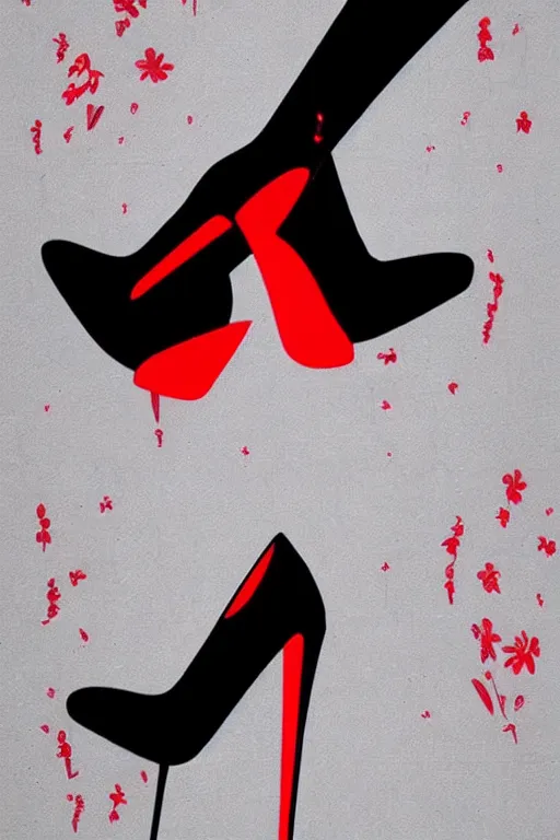 Image similar to black high heels with red bottoms, illustration, high fashion, wall art, elegant, japanese art style,