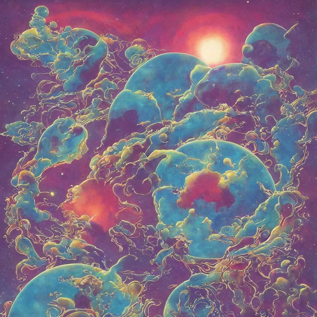 Prompt: a cosmic convergence within an astral apocalypse inside of a crystal spherical world, by Roger Dean and by Moebius, album cover art from the 1970s