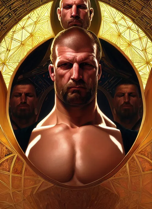 Prompt: symmetry!! portrait of wrestler triple h, intricate, elegant, highly detailed, digital painting, artstation, concept art, smooth, sharp focus, illustration, art by artgerm and greg rutkowski and alphonse mucha