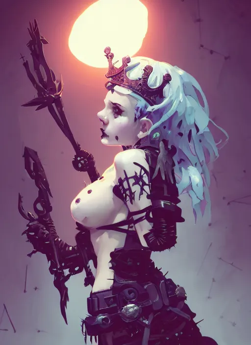 Image similar to portrait of cute goth maiden girl with crown of thorns and white short hairs, dressed in belts bikini, warhammer, cyberpunk, by atey ghailan, by greg rutkowski, by greg tocchini, by james gilleard, by joe gb fenton, by kaethe butcher, dynamic lighting, gradient light blue, brown, blonde cream and white color in scheme, grunge aesthetic
