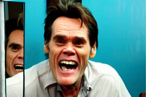 Prompt: jim carrey making a silly face in front of the bathroom mirror