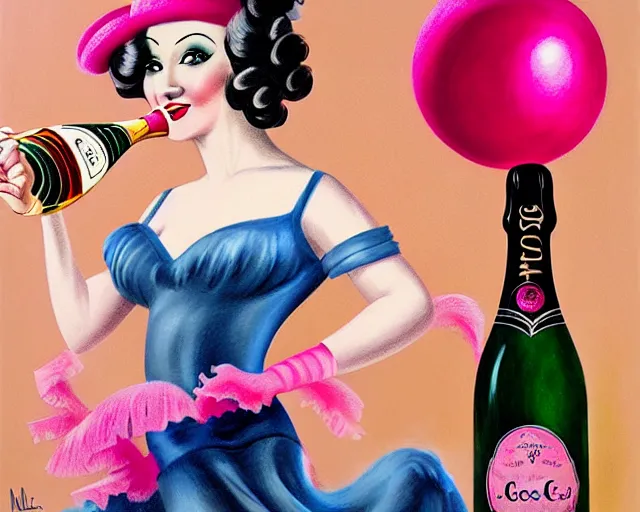 Image similar to a 1 9 3 0 s cancan dancer with a big bottle of champagne in art deco style, nicoletta ceccoli, mark ryden, lostfish, max fleischer, hyper realistic, artstation, illustration, digital paint, matte paint, vivid colors, bright, cheerful, detailed and intricate environment