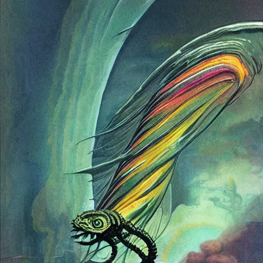 Prompt: a gigantic rainbow colored, iridescent, transparent centipede flying over a chasm, frills, fins, rainbow, antennae, dark, frank frazetta