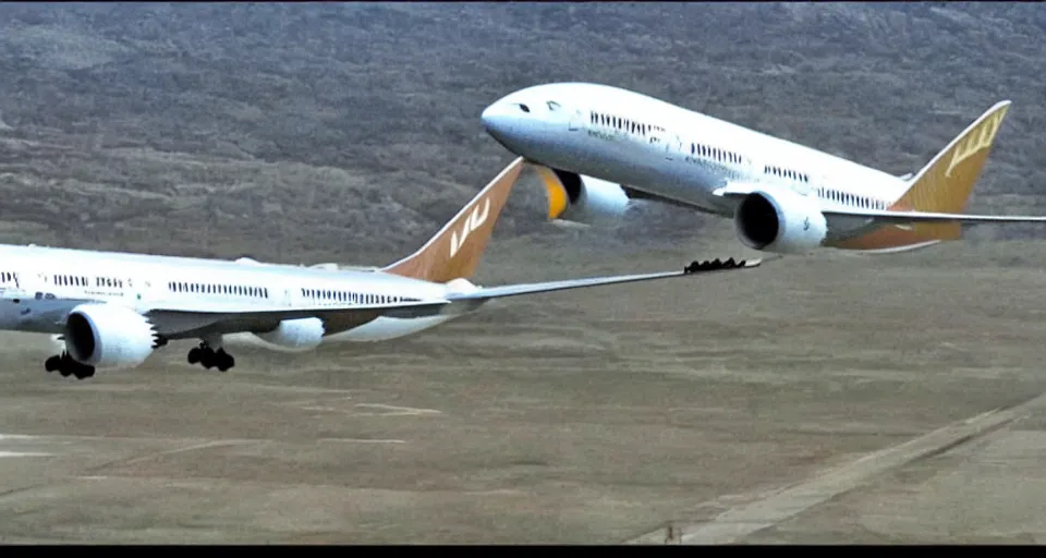 Image similar to vhs footage of a boeing 787 flying overhead