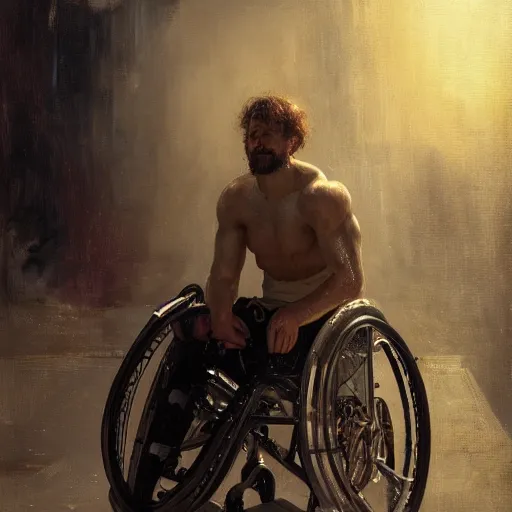 Image similar to handsome portrait of a wheelchair guy fitness posing, radiant light, caustics, heroic, smooth, one legged amputee,, by gaston bussiere, bayard wu, greg rutkowski, giger, maxim verehin