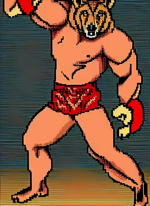 Image similar to extreme long shot. 8 bit nes graphics. antropomorphic muscular masculine wolf. kickboxer, in shorts. wolf head. furr on body.