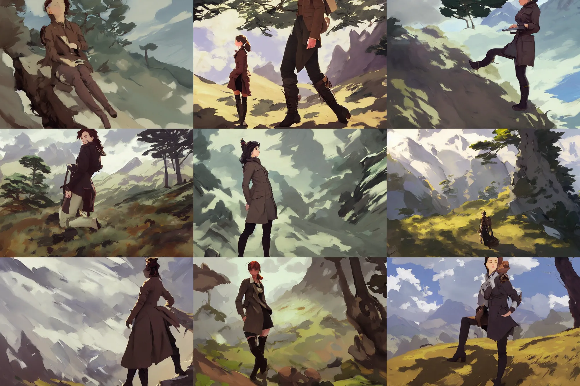 Image similar to cloth fabric jodhpurs knee high boots travel coat fashion, solo hiking in mountains trees, clouds, greg manchess painting by sargent and leyendecker, studio ghibli, fantasy, asymmetrical, intricate, elegant, matte painting, illustration, hearthstone, by greg rutkowski, by greg tocchini, by james gilleard, by joe fenton