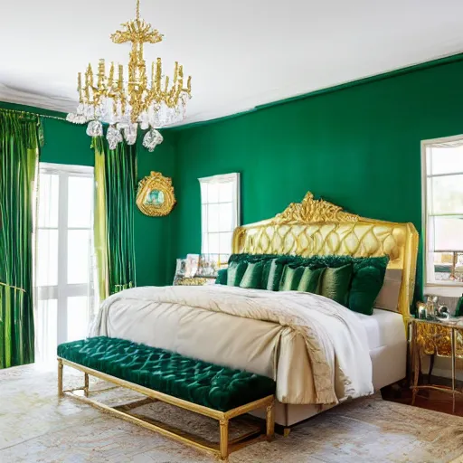Prompt: a large and elegant master bedroom with walls inspired by malachite, gold accent on the walls and fancy king size bed in the middle, studio photography