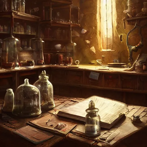 Prompt: hyper realistic, table, wizards laboratory, greg rutkowski, mortar, pestle, scales with magic powder, energy flowing, magic book, beakers of colored liquid, tony sart