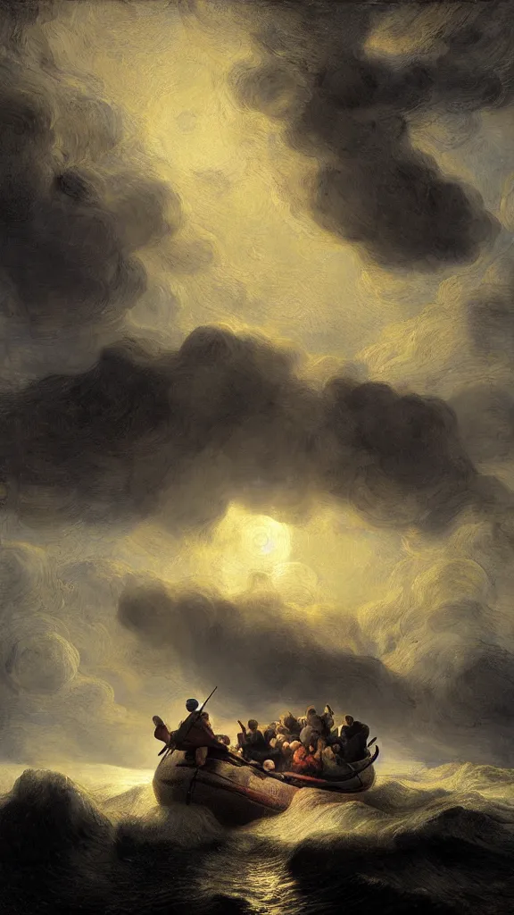 Prompt: illegal immigrant group in inflatable boat sea big storm, moon light, huge waves, starry night, by rembrandt and greg rutkowski, painting, volumetric light, warm color palette, uplight, illegal immigration, boat people
