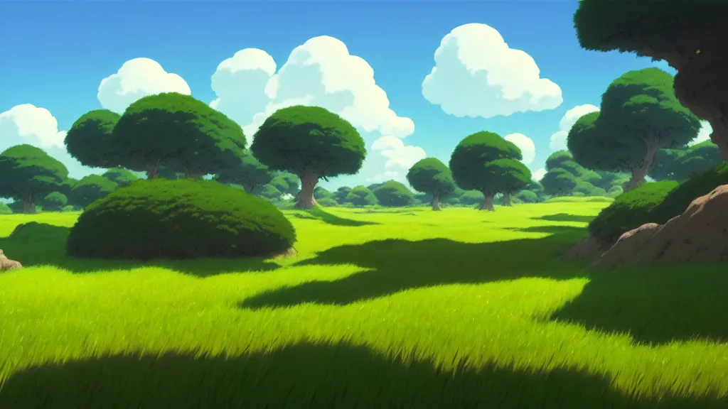 Image similar to open fields landscape, studio ghibli, pixar and disney animation, sharp, rendered in unreal engine 5, highly detailed, digital painting, artstation, concept art, smooth, sharp focus, illustration, wide angle, artbook, wallpaper, splash art, promo art, dramatic lighting, art by artgerm and greg rutkowski and bo chen and jin xiaodi