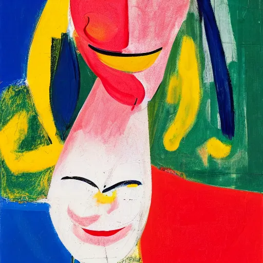 Prompt: representation of a young woman with a happy face in the year 1953 by Willem de Kooning, a Dutch-American abstract expressionist artist