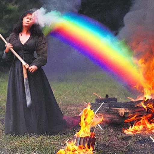 Image similar to a witch burning on stakes, but the fire is rainbows and smoke is spaziosa