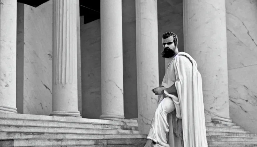 Image similar to 1 9 6 0 s movie still close - up of caligula in white toga heavy bleeding on marble stairs, cinestill 8 0 0 t 3 5 mm, high quality, heavy grain, high detail, dramatic light, anamorphic, detailed beard