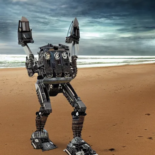 Prompt: bipedal humanoid robot invading omaha beach, hyper realistic, 4 k, highly ornate intricate details, sharp image, incredible detail,