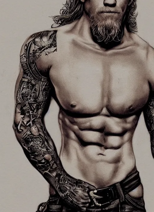 Image similar to photorealistic Portrait of frontal standing pose torso of a very attractive muscular man that looks like Jax Teller, heavily tattoed. All his skin is covered by elvish symbols and letters. Intricate, concept art, magic lighting overlays, magical portal opened, D&D!, fantasy style, sharp focus!, ultra detailed, art by Artgerm and Peter Andrew Jones, WLUP, Magali Villeneuve