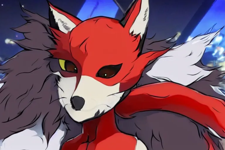 Image similar to a furry tan fox on a persona 5 : royal ( by atlus ) video game splash screen, a furry male sandcolored tan fox fursona ( has hair ), persona 5 phantom thief style