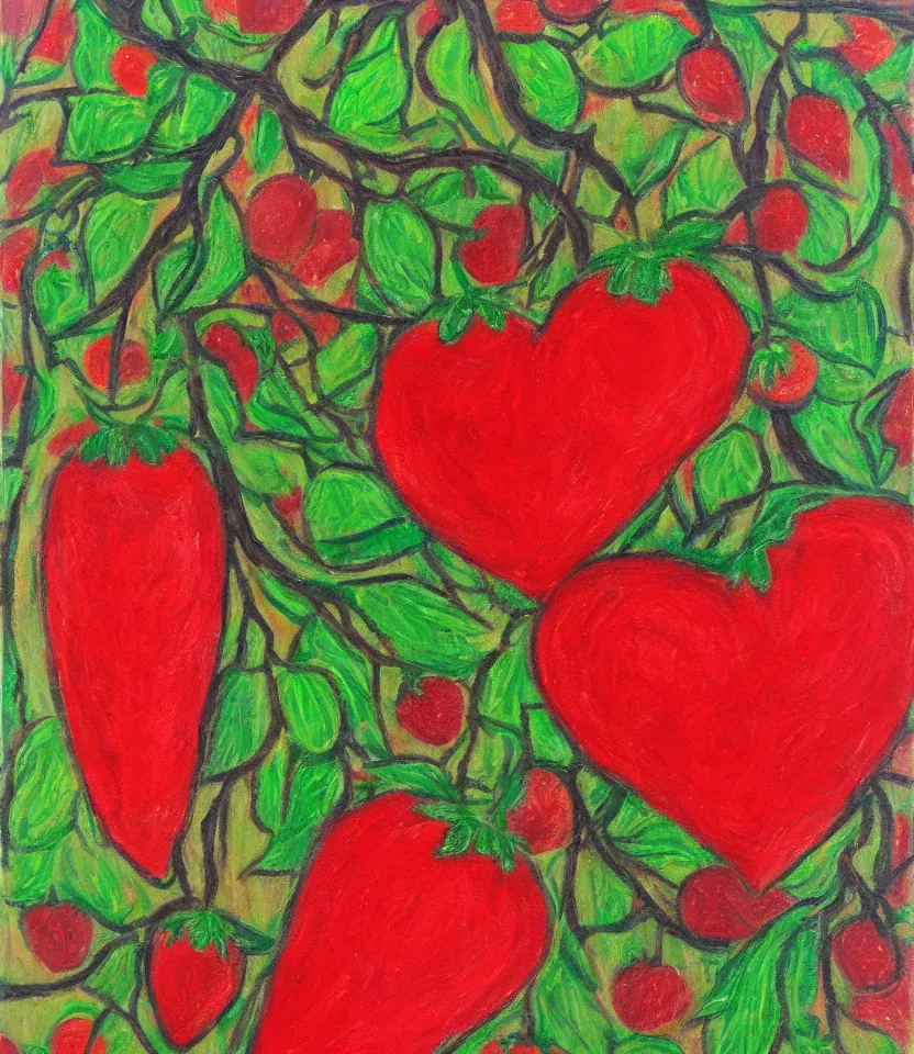 Prompt: the long red heart of a strawberry outsider art oil on paper