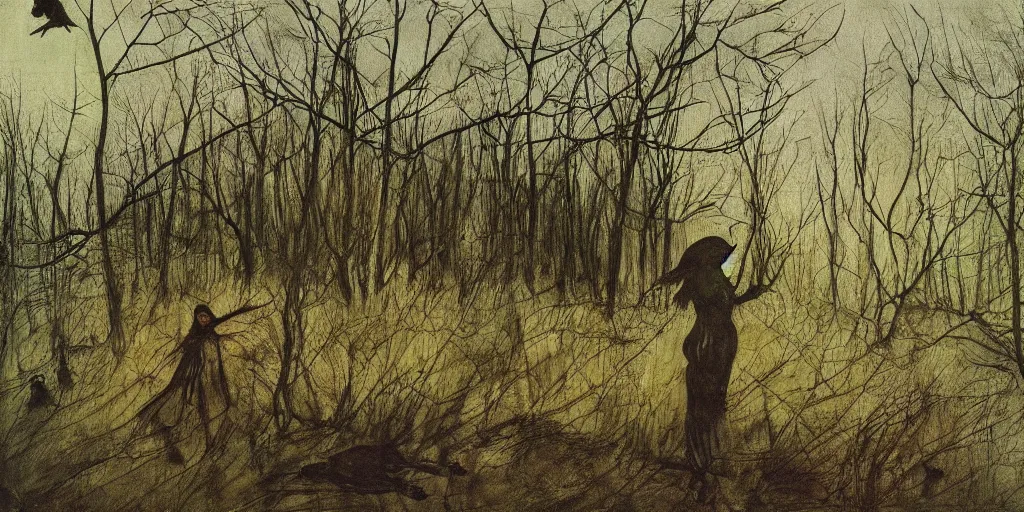 Prompt: the creepy witch with crows, out in the dark woods, a painting by Andrew Wyeth