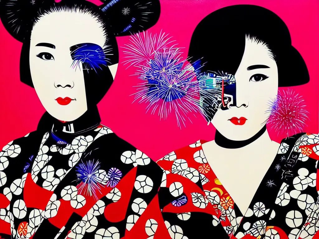 Image similar to hyperrealism composition of the detailed woman in a japanese kimono sitting at an extremely detailed poker table with darth vader, fireworks on the background, pop - art style, jacky tsai style, andy warhol style, acrylic on canvas