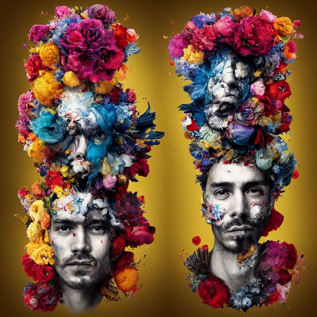 Image similar to an album cover of a man with a strange hat on his head by Alberto Seveso, behance contest winner, award winning, masterpiece, pop surrealism, made of flowers, surrealist-H 1024