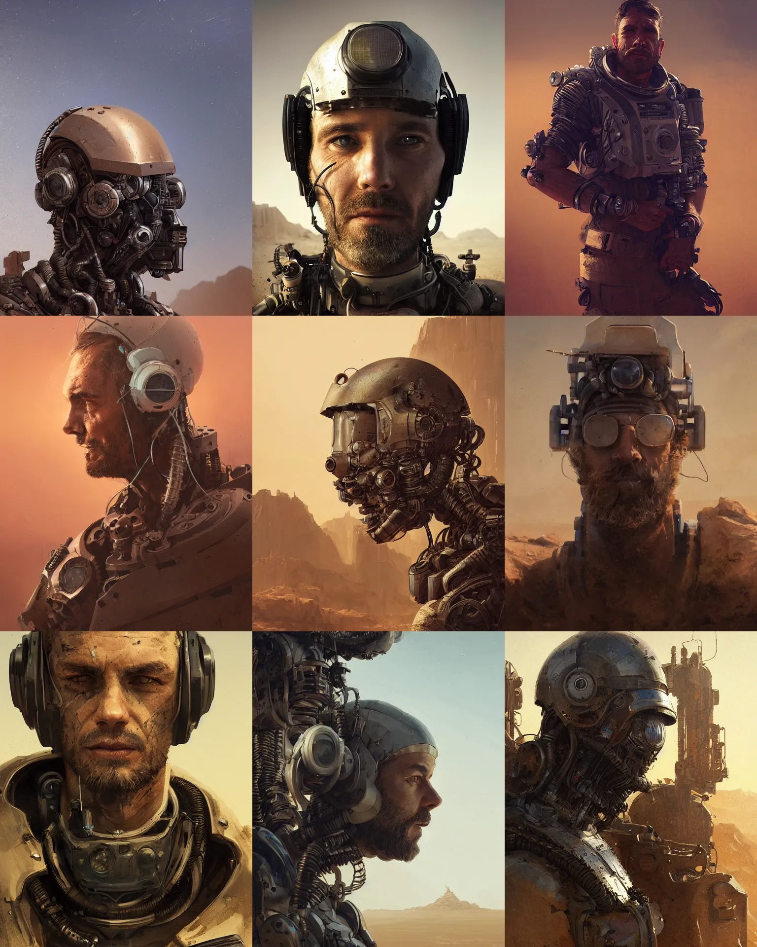 Image similar to a rugged engineer man with cybernetic enhancements lost in the desert, scifi character portrait by greg rutkowski, esuthio, craig mullins, 1 / 4 headshot, cinematic lighting, dystopian scifi gear, gloomy, profile picture, mechanical, half robot, implants, steampunk