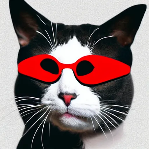 Image similar to a cat wearing a red ski mask beanie over its face with black ski goggles, photorealistic