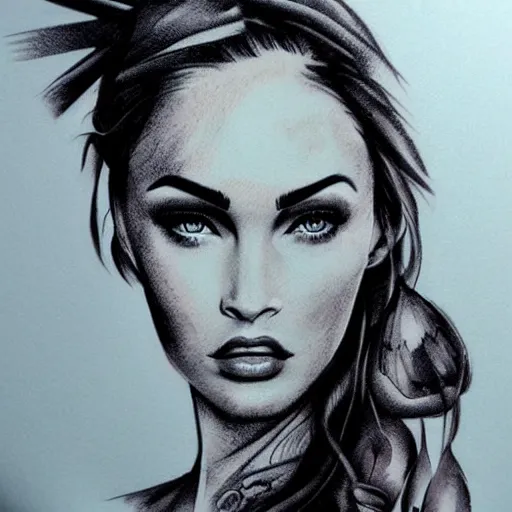 Image similar to tattoo sketch of megan fox's face shape in amazing mountain scenery, in the style of dan mountford