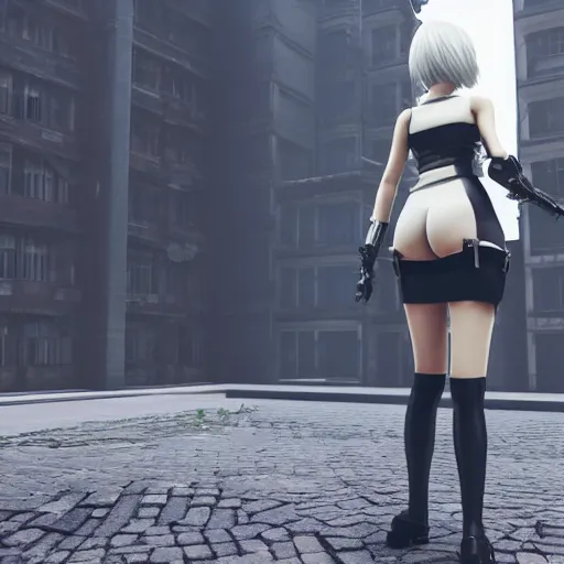 Image similar to 2 b nier automata standing in front of a tall building holding a gun, 3 d render, unreal engine, octane render, ray tracing, unity, highly detailed, high quality, hd, 4 k, 8 k, realistic, sharp, trending