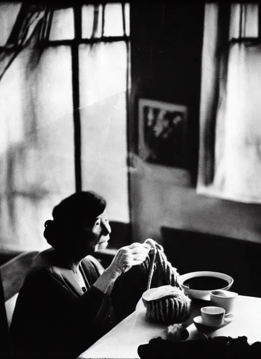 Prompt: A frame from the film 'Knitting at Home sipping some tea' directed by Salvador Dali, 70mm, forest, black and white, grainy film photography, chiaroscuro, highly detailed, masterpiece