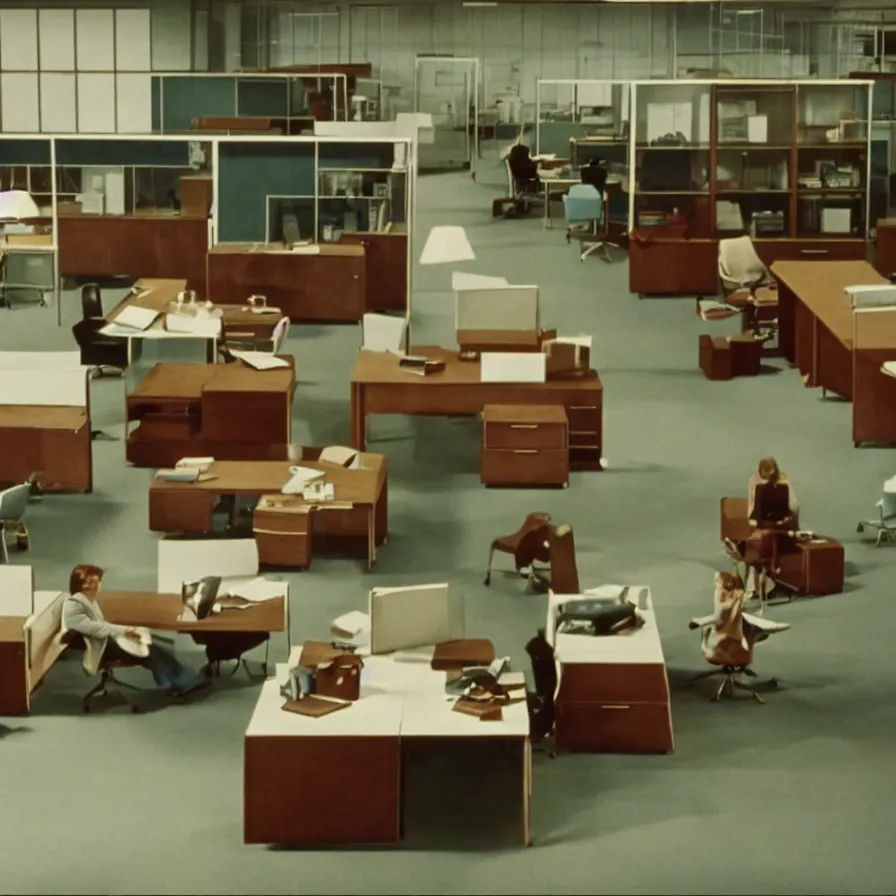 Image similar to a still of severance series indoor 7 0 s furniture office scenario appearing in a film of jacques tati