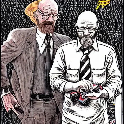 Image similar to The Artwork of R. Crumb and his Cheap Suit Breaking-Bad-Walter-White buying drugs, pencil and colored marker artwork, trailer-trash lifestyle