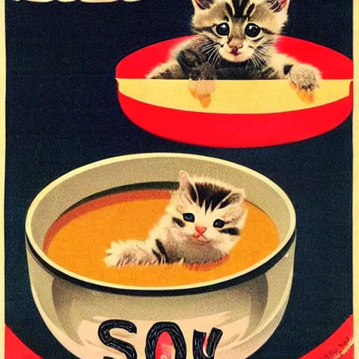 Image similar to baby kitten on a bowl of soup, soviet union poster propaganda