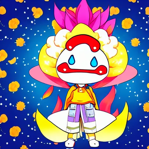 Image similar to kawaii wacky fluffy popcorn with lightning bolt power, yokai, in the style of a manga character, with a smiling face and flames for hair, sitting on a lotus flower, white background, simple, clean composition, symmetrical