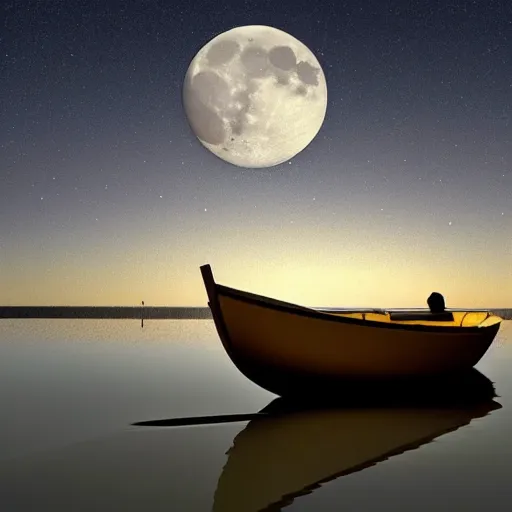 Image similar to A beautiful small boat alone on a lake at twilight with calm waters, the moon shines from above causing light ripples in the water. A small and calm traveller sits in the boat, at peace with himself and the world. A digital art piece designed to spreader unending tranquility. Tranquil dreams of tepid water, a moment frozen in time. Trending on art station, an award winning masterpiece