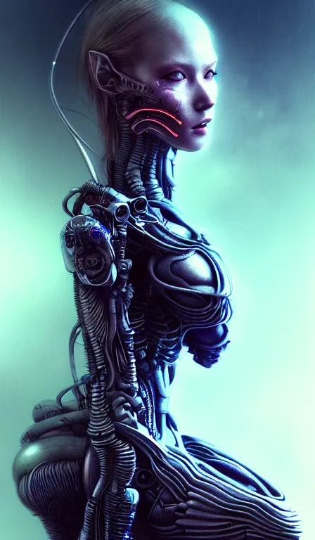 Prompt: a highly detailed long shot photo of cyberpunk female character by ayami kojima, elf, beksinski, giger, elf, intricate, digital painting, artstation, concept art, smooth, sharp focus, full body shot