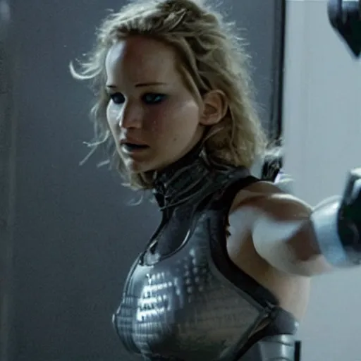 Prompt: amazing promo of Jennifer Lawrence as the T-9000 in a 2029 remake of Terminator