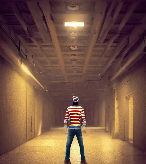 Prompt: a photograph of where's waldo, portrait, photograph, headshot, symmetry, volumetric lighting, concept art, heavy mood, grumpy expression, 8 k render, unreal engine 5 render